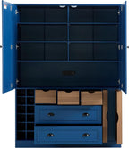 Farmhouse Kitchen Pantry Storage Cabinet with 4 Foldable Doors, Freestanding Large Cupboard with Power Outlet, Shelves, Wine Racks and Serving Trays for Dining Room, Kitchen (Blue)