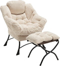 Corduroy Lazy Chair with Ottoman, Modern Large Accent Lounge Chair, Comfy Upholstered Reading Chair with Footrest, Oversized Leisure Armchair for Living Room, Bedroom, Dorm, White