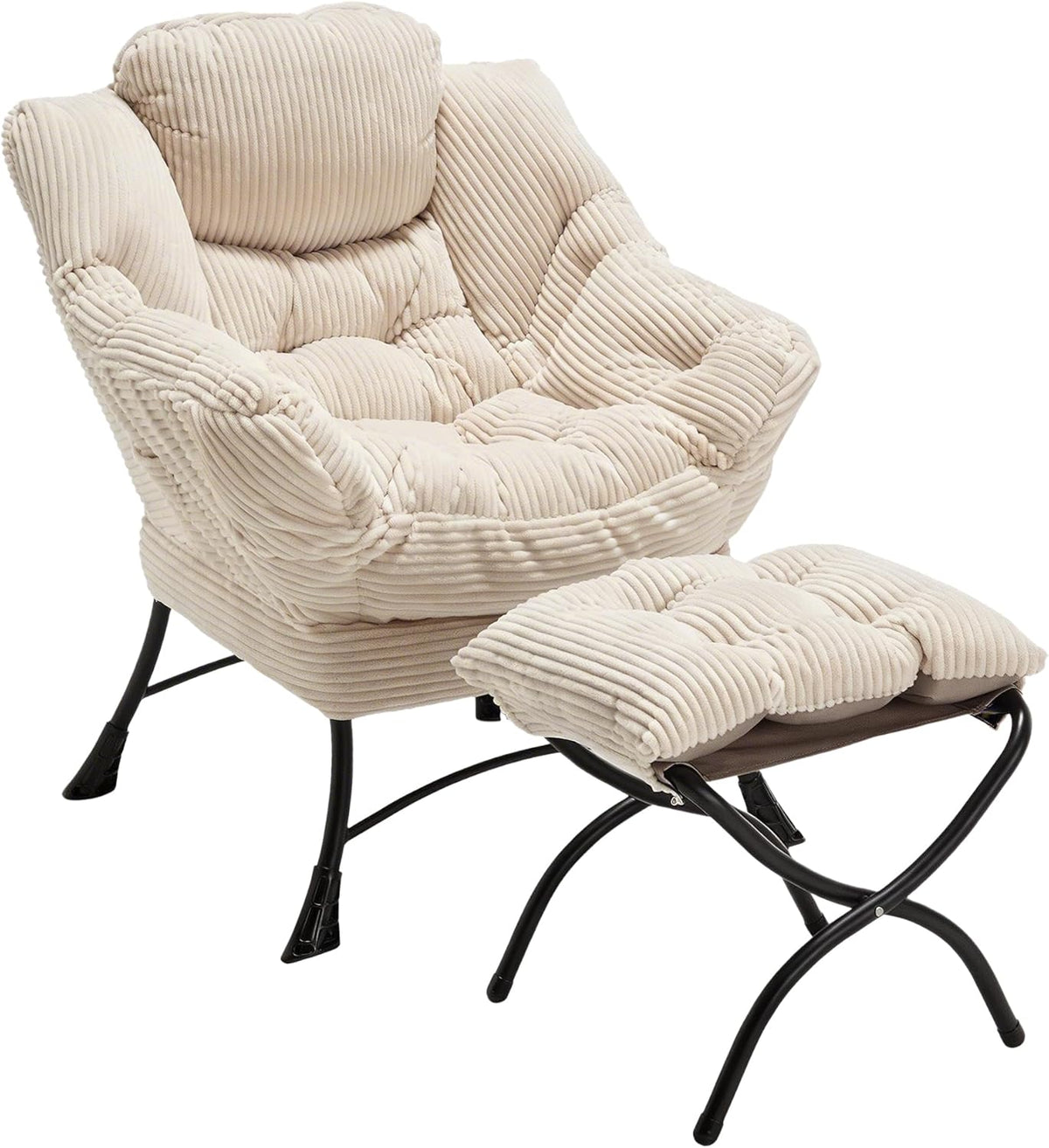 Corduroy Lazy Chair with Ottoman, Modern Large Accent Lounge Chair, Comfy Upholstered Reading Chair with Footrest, Oversized Leisure Armchair for Living Room, Bedroom, Dorm, White