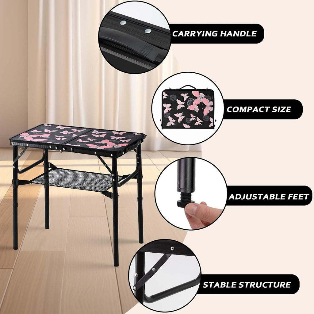 YihuiKo Small Camping Table, Vintage French Butterfly Pattern Folding Table | Adjustable Height, Lightweight Portable Folding Table, For Patio/Garden/Travel/Living Room, Carry Handle, Storage Net