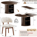 MALOL 47"-63" Extendable Round to Oval Dining Room Table Chairs Set for 4-8, Modern Wooden Kitchen Table and Chairs with Hidden Storage and Fluted Design for Dining Room/Small Space(Walnut and Beige)