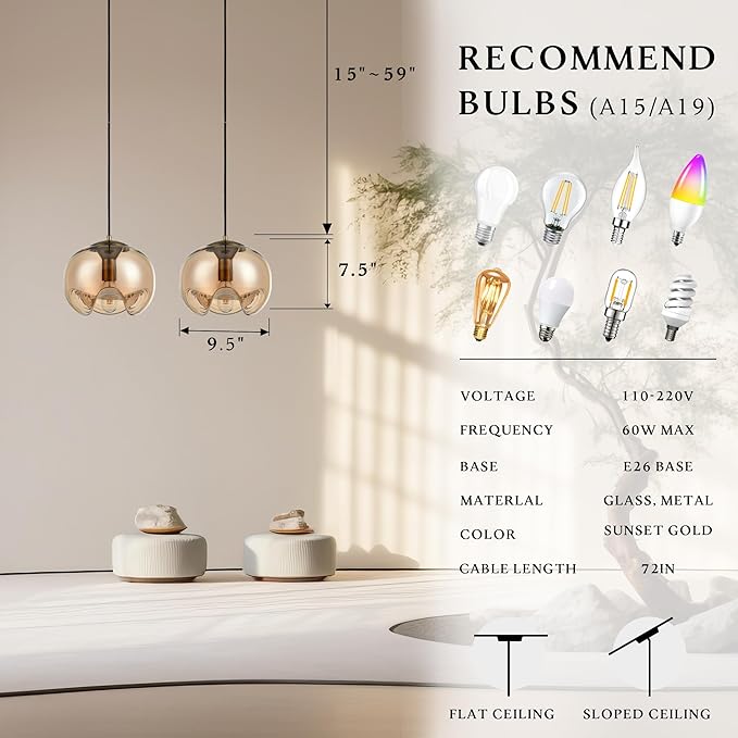 Modern Globe Pendant Light, 9"x9" Amber Gradient Glass Hanging Fixture with Gold Base, 15"-72" Adjustable Line, E26 Socket for Living Room, Dining Area, or Entryway – Warm Taupe Globe