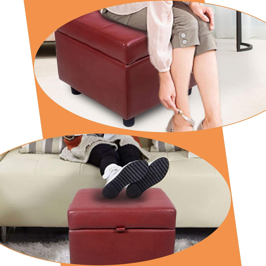 H&B Luxuries Tufted Leather Square Flip Top Storage Ottoman Cube Foot Rest (Red with Storage)