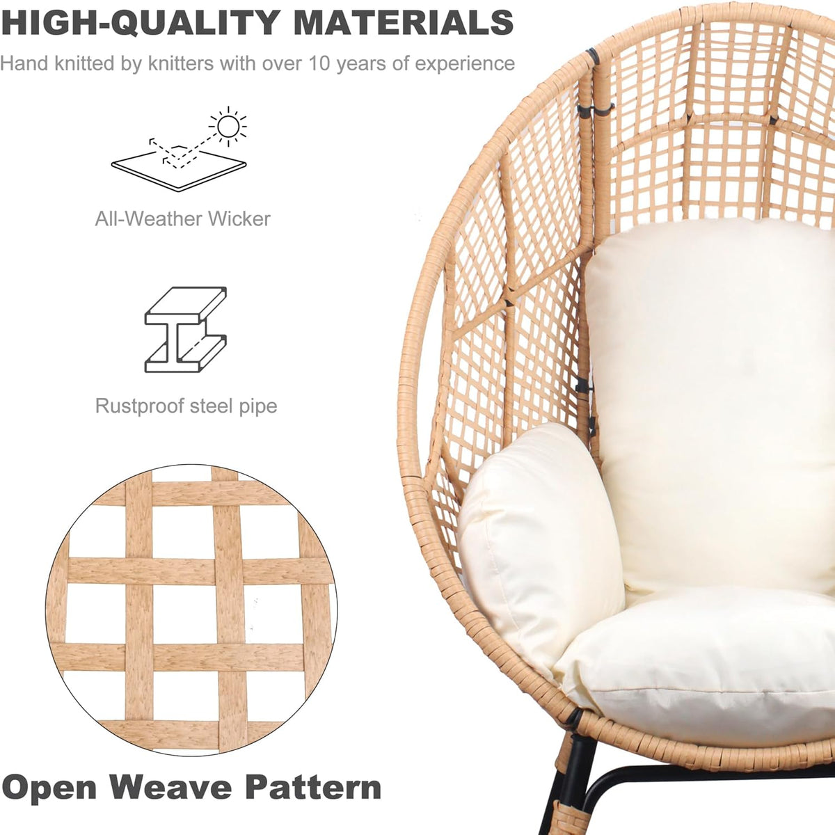 Oversized Wicker Egg Chair Outdoor Indoor Rattan Patio Egg Lounge Chairs with Cushion 500lbs Capacity for Living Room, Balcony, Backyard(Beige)