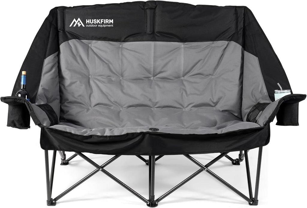 Huskfirm High Back Double Camping Chair 2 Person Camping Chair Low Seat Loveseat Camping Chair Fully Padded Oversized Camping Couch for Adults - Supports 650 LBS with Cup Holders Carry Bag - Black