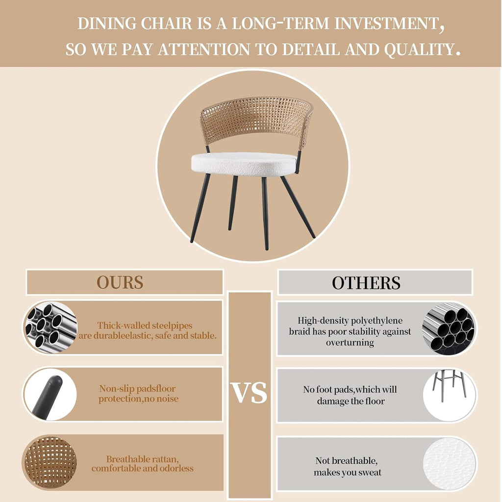 Rattan Dining Chairs Set of 4, Wing Back Dining Chairs Set of 4, PE Wicker Chairs, Cane Back Kitchen Chair with Boucle Cushion,Boucle Seat with Metal Legs for Kitchen, Bedroom