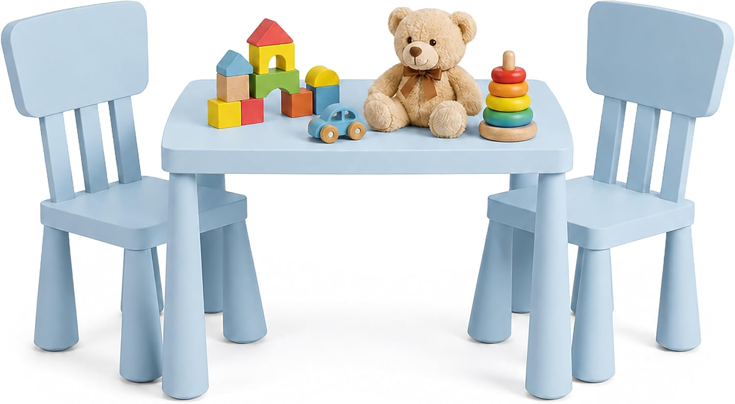 Relaxdays Children's Furniture Set, 1 Children's Table, 2 Chairs, Wipe-Clean, Lightweight Plastic, Seating Corner for Children's Room, Blue