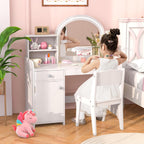 INFANS Kids Vanity, Princess Makeup Desk and Chair Set with Lights Mirror Drawer Storage Shelves, Wooden Dressing Table, Pretend Play Vanity Set for Girls