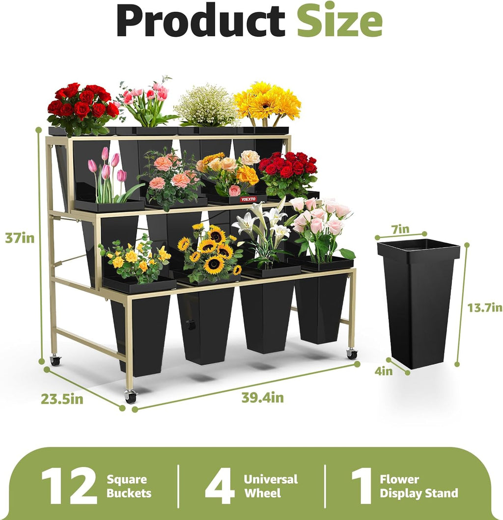 Flower Display Stand 3 Layers with Buckets, 12 PCS Buckets Plant Stand with Wheels, Movable Metal Plant Stand for Terrace Garden, Living Room, Florist Shop