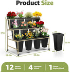 Flower Display Stand 3 Layers with Buckets, 12 PCS Buckets Plant Stand with Wheels, Movable Metal Plant Stand for Terrace Garden, Living Room, Florist Shop