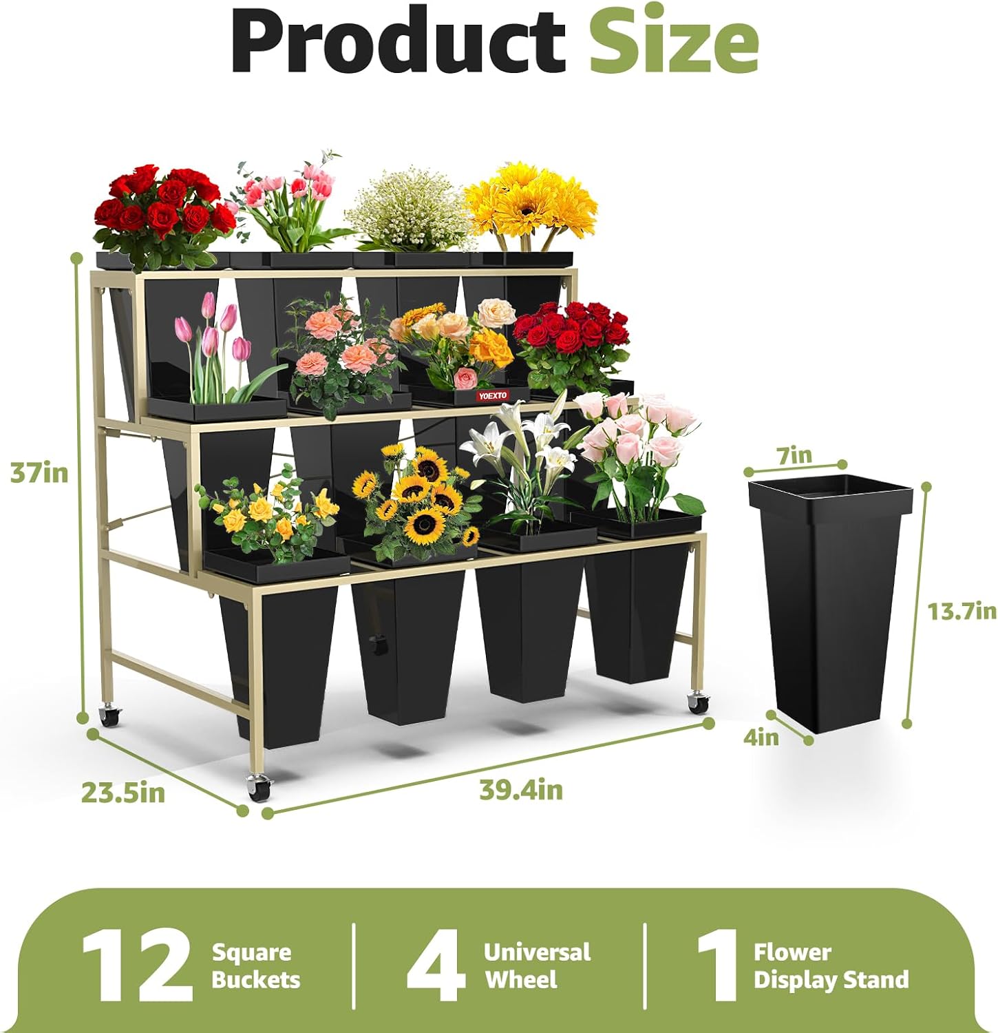 Flower Display Stand 3 Layers with Buckets, 12 PCS Buckets Plant Stand with Wheels, Movable Metal Plant Stand for Terrace Garden, Living Room, Florist Shop