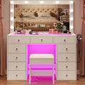 CollaredEagle 45" Large White Vanity Desk with Vibrant RGB Lighting. | 11 Hollywood Style Bulbs, 11 Drawers, Power Outlet, Hair Dryer Holder, Cushioned Stool, Tempered Glass