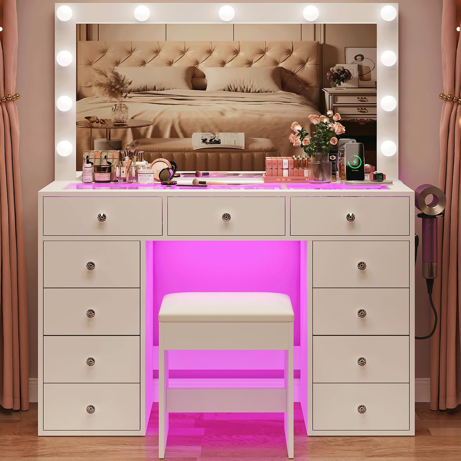 CollaredEagle 45" Large White Vanity Desk with Vibrant RGB Lighting. | 11 Hollywood Style Bulbs, 11 Drawers, Power Outlet, Hair Dryer Holder, Cushioned Stool, Tempered Glass