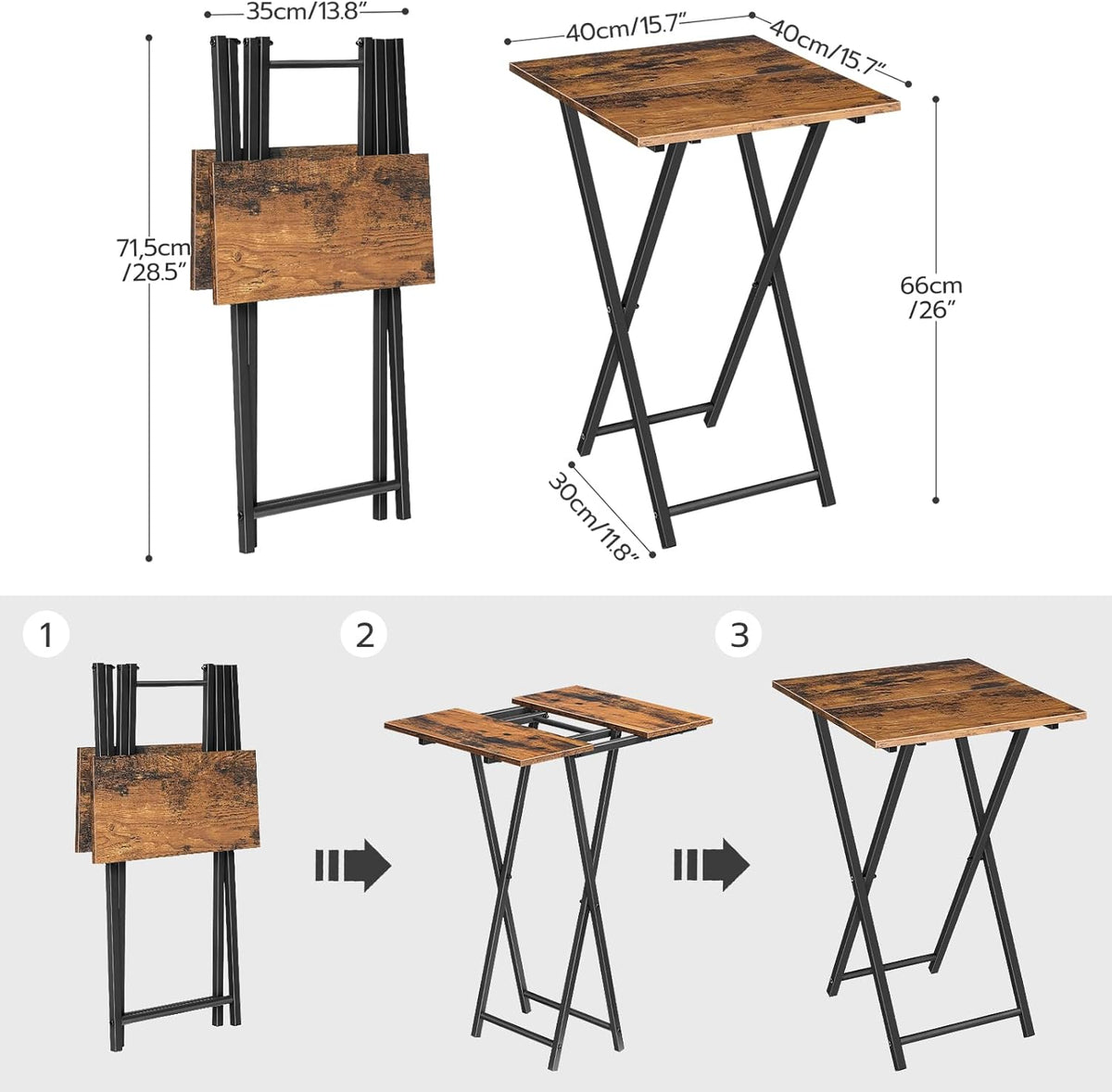 HOOBRO Folding TV Tray Table, Wooden TV Tray, Portable Sofa Side Table, Industrial Snack Table End Table for Small Spaces, Space-Saving, Easy to Install and Fold, Rustic Brown and Black BF27BZ01
