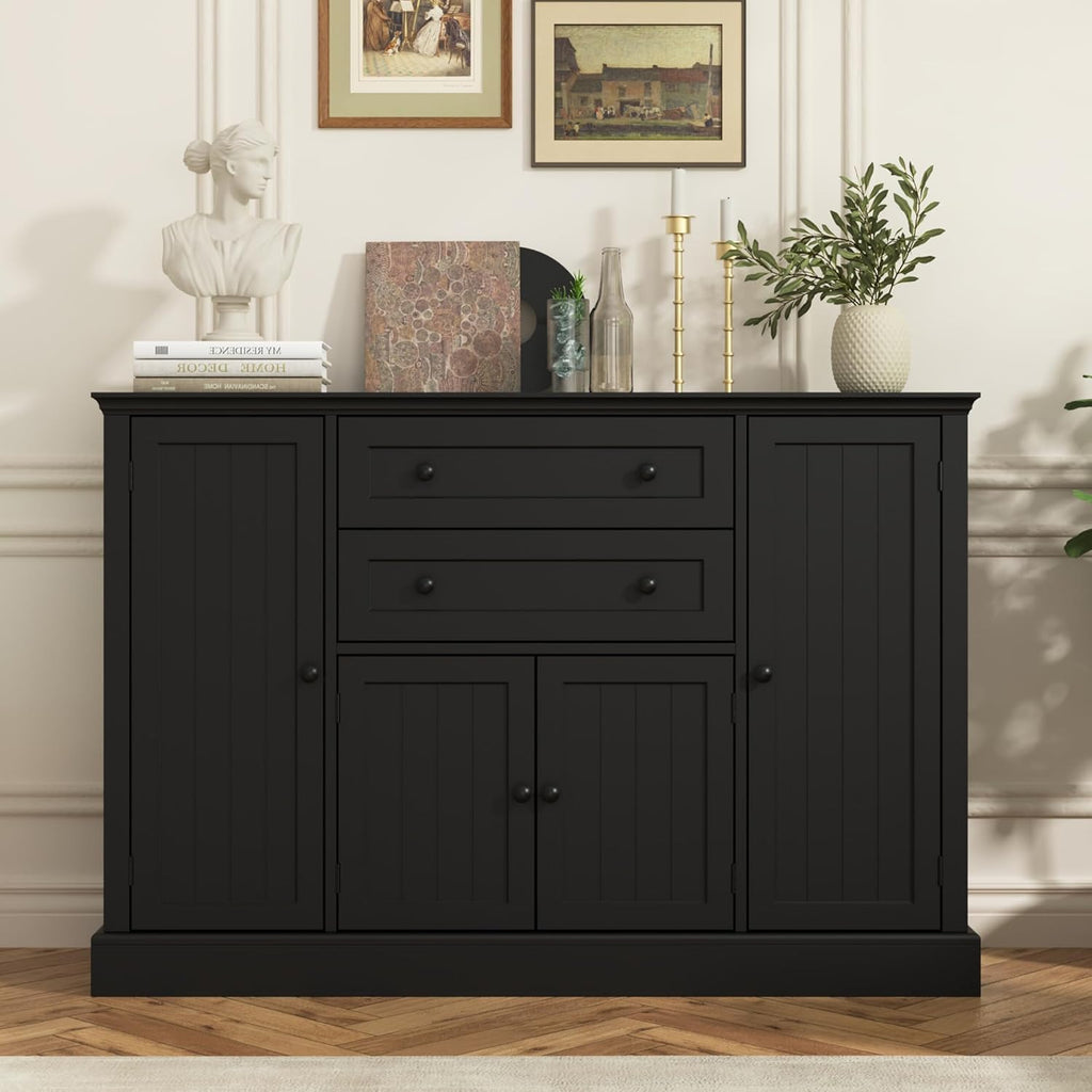Farmhouse 47" Buffet Cabinet with Storage,Large Sideboard Buffet with Drawers and Adjustable Shelves, Rusitc Coffee Bar Cabinet for Kitchen, Black