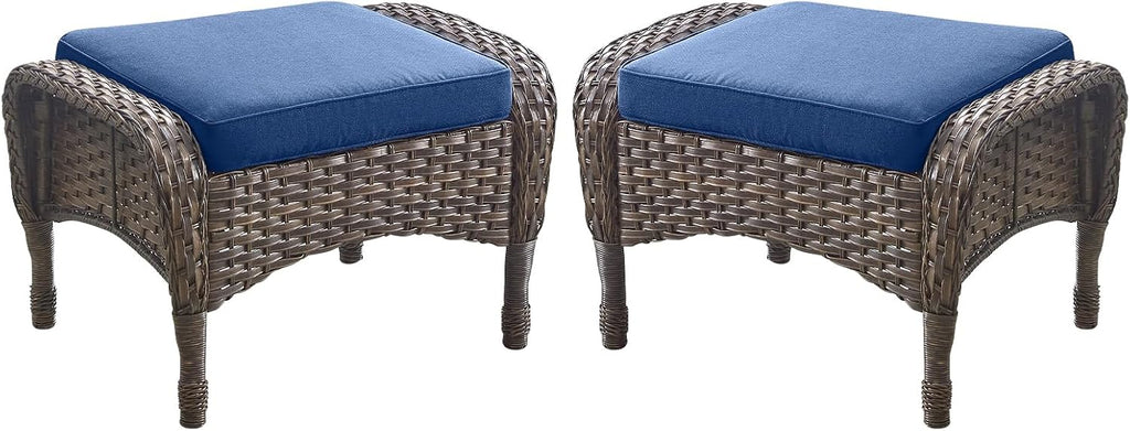 Outdoor Ottomans Patio Footrest Set of 2 - High Back Comfortable Brown Wicker Rattan Steel Frame Footstool Additional Bench Side Table for Porch Balcony Deck Garden Poolside - Navy Blue