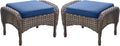 Outdoor Ottomans Patio Footrest Set of 2 - High Back Comfortable Brown Wicker Rattan Steel Frame Footstool Additional Bench Side Table for Porch Balcony Deck Garden Poolside - Navy Blue