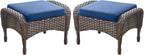 Outdoor Ottomans Patio Footrest Set of 2 - High Back Comfortable Brown Wicker Rattan Steel Frame Footstool Additional Bench Side Table for Porch Balcony Deck Garden Poolside - Navy Blue