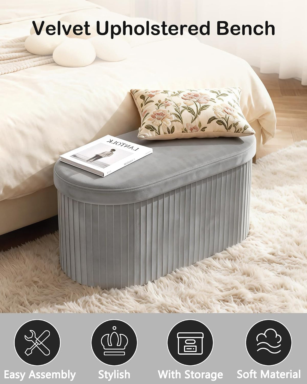 GLAXYFUR Folding Storage Ottoman, Velvet Upholstered Foot Rest, 30 Inches Oval Storage Bench for Bedroom, Living Room & Entryway (Light Grey)