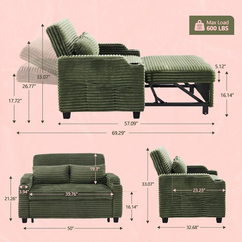 VINGLI Green Futon Sofa Bed Convertible Loveseat Sleeper Sofa Couch, Corduroy Pullout Sofa Fold Out Couch Bed with USB Ports, Cup Holders, Armrest for Living Room, Bedroom Apartment Room