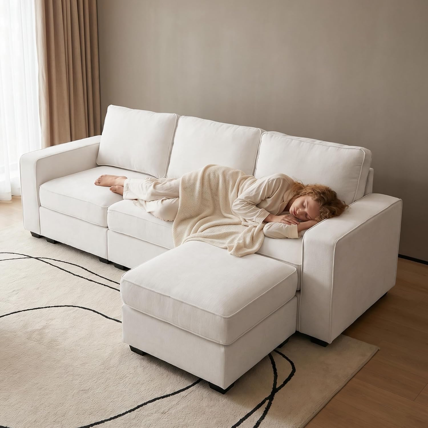 25.2" Storage Ottoman for Sofa, Modern Square Footrest with Removable Chenille Cover, Step Stool for Bedroom, Living Room, Beige
