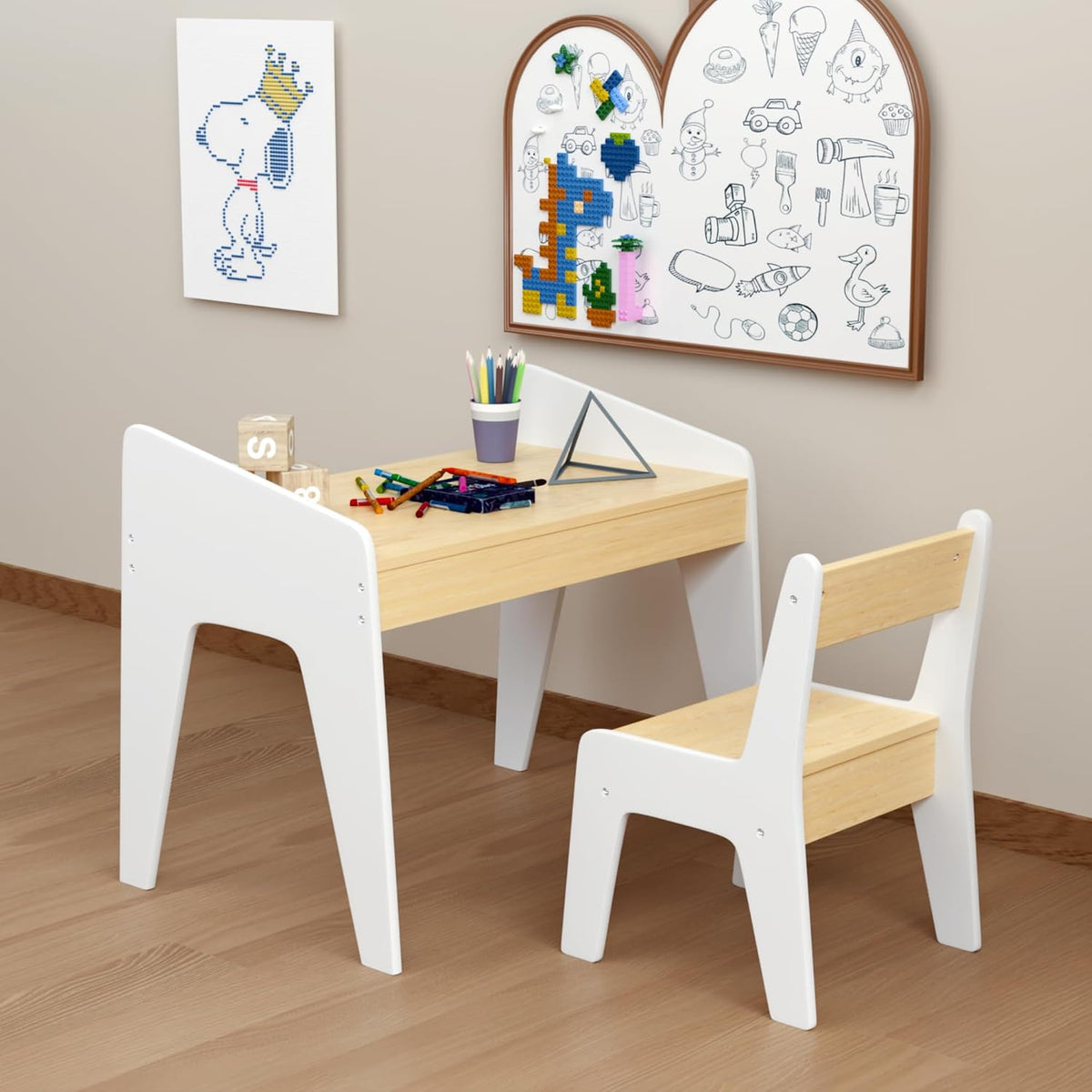 Kids Table and Chair Set, Wooden Children's Study Desk & Play Table for Ages 2-8, White and Natural MDF Furniture