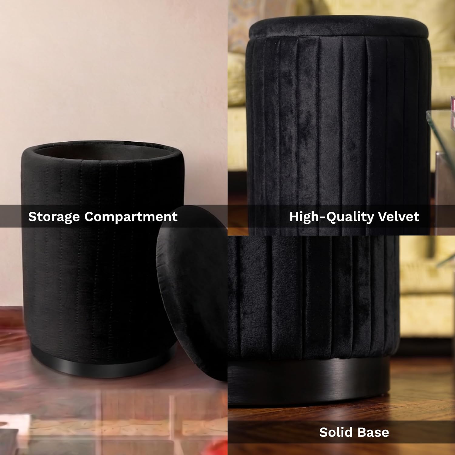 Boahaus Modern Black Suede Vanity Stool with Hidden Storage, Soft Cushioned Seat & Footrest Ottoman for Bedroom, Makeup Vanity, or Living Room – 17” Height