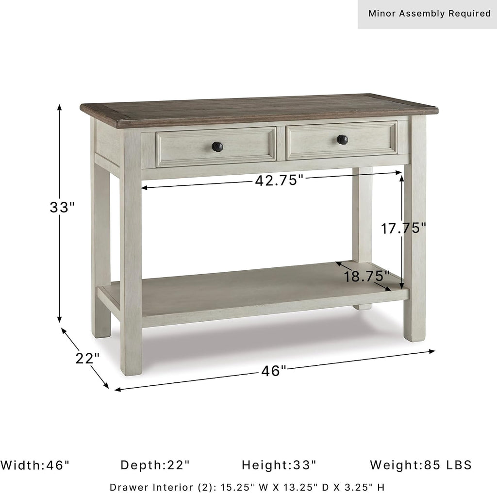 Signature Design by Ashley Bolanburg Farmhouse Sofa Console Table, White | Two-tone wood console, 22-inch deep storage, 2 smooth drawers, Made of veneers, wood and engineered wood