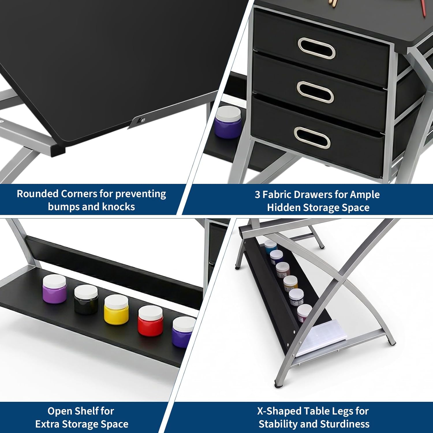 Drafting Table for Adults/Artists, Drawing Desk, Tabletop Adjustable Art/Craft Desk with Stool and 3 Slide Drawers, Sketching Painting Artwork Station for Art Studio Home Office School
