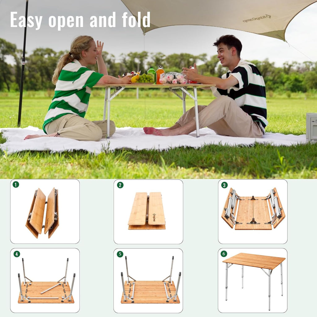 KingCamp Bamboo Folding Camping Table, 4-Fold Adjustable Outdoor Table | Portable Design with Carry Bag, Natural Bamboo Top, Ideal for RV Outdoor Picnic Backyard Camping