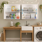Laundry Room Cabinets with Lights, 24INCH Bathroom Cabinets Wall Mounted with Adjustable Shelves, Rattan Wall Cabinet for Bedroom, Kitchen, Bathroom (2PCS, White)