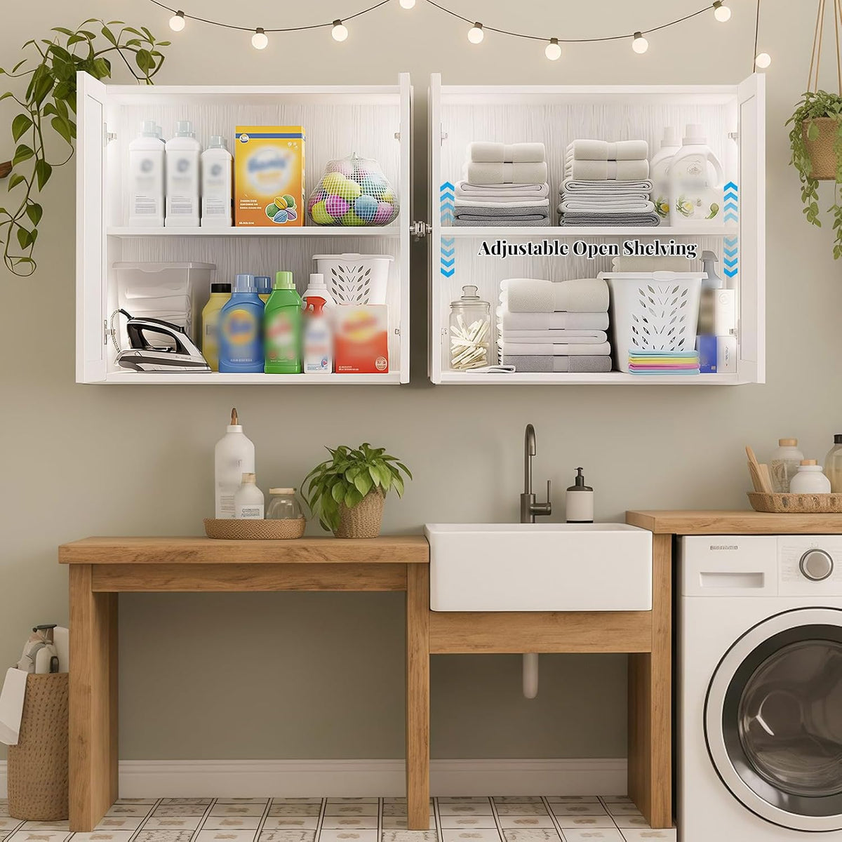 Laundry Room Cabinets with Lights, 24INCH Bathroom Cabinets Wall Mounted with Adjustable Shelves, Rattan Wall Cabinet for Bedroom, Kitchen, Bathroom (2PCS, White)
