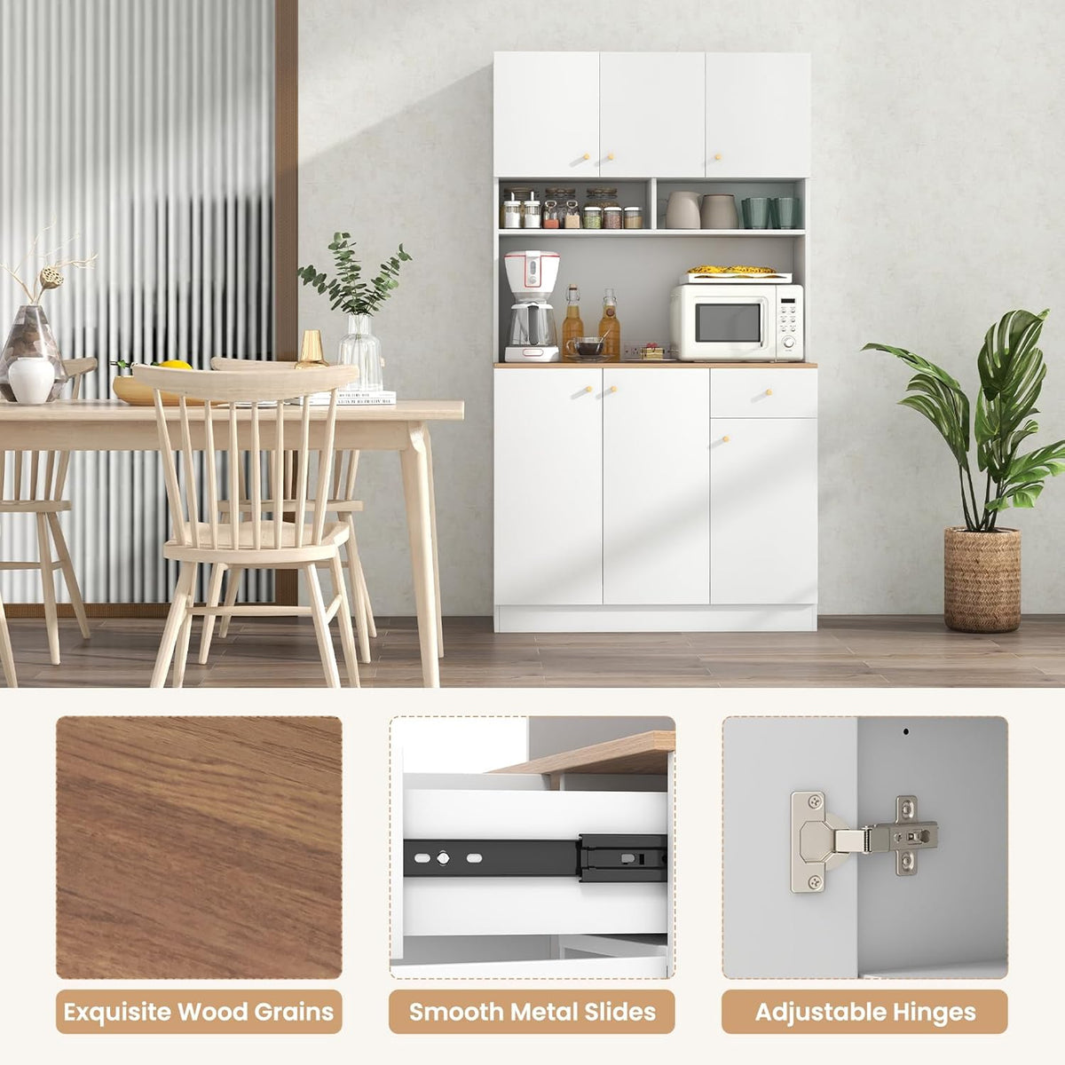 71" Tall Kitchen Hutch, Modern Pantry Storage Cabinet with Power Outlets, Microwave Shelf, Adjustable Shelves, Freestanding Buffet Cupboard for Dining Room