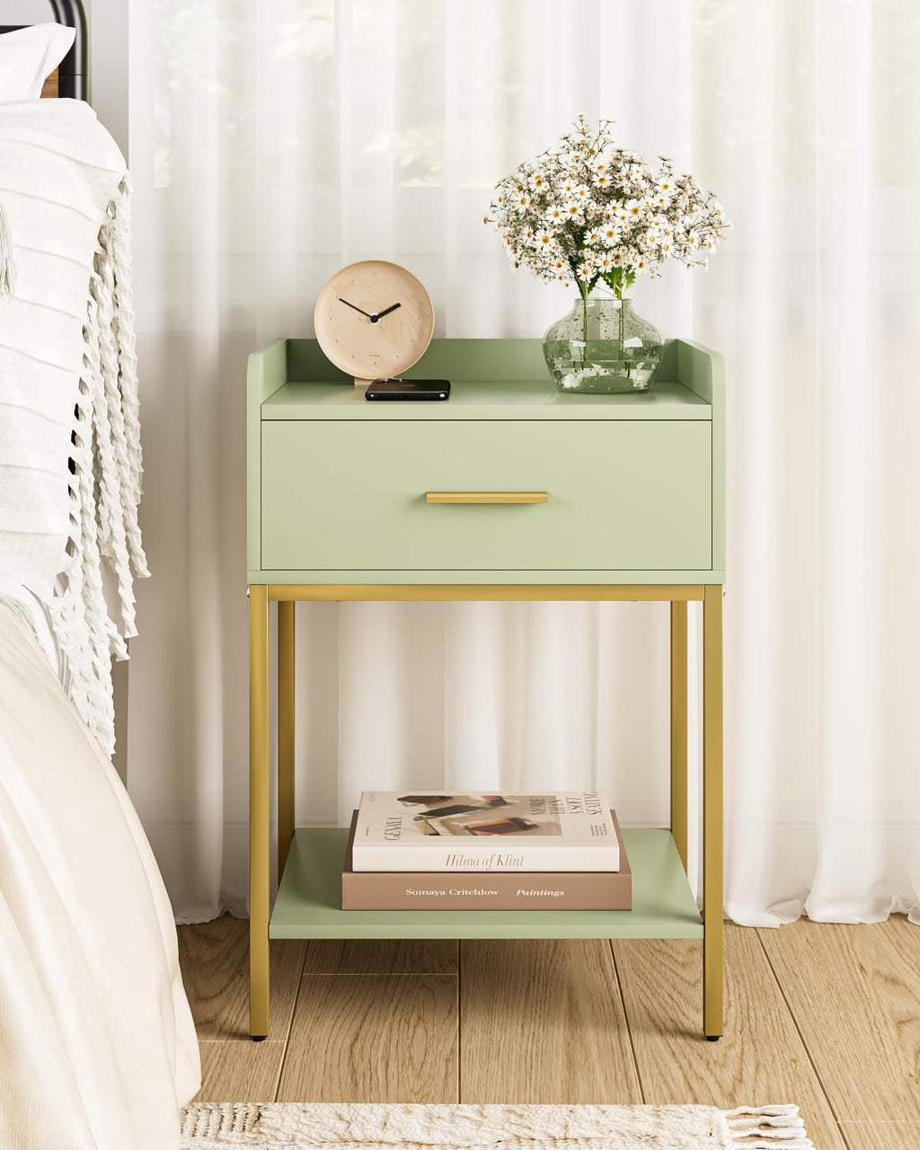 Nightstand,Modern Bedside Table Night Stand with Storage Drawer and Open Shelf,Small End Side Table for Bedroom,Living Room,Green