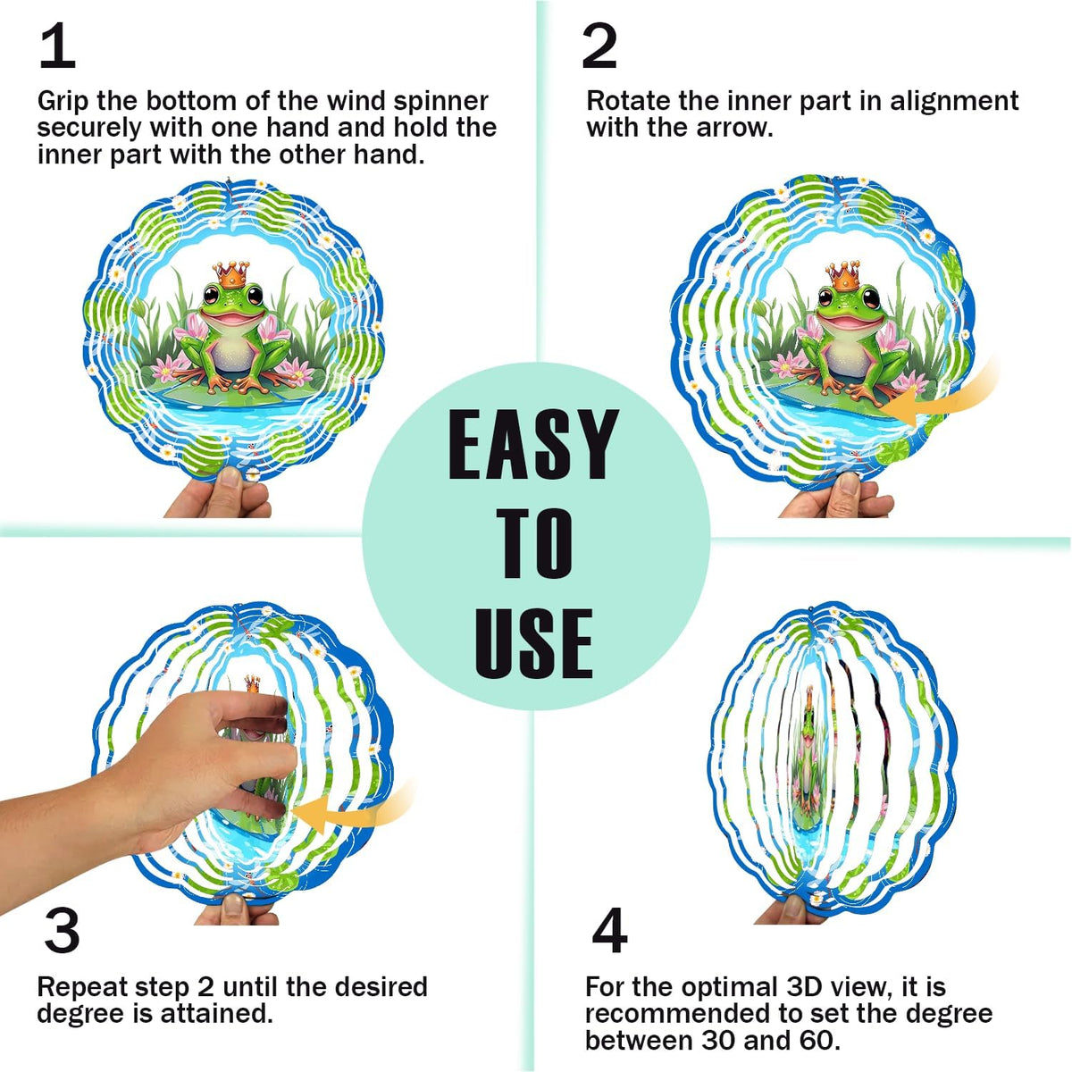 Frog Wind Spinner, 3D Hanging Stainless Steel Garden Spinner, Wind Spinner Hanging for Outdoor & Indoor Décor, Unique Gifts for Yard Garden Decoration or Patio Décor (Frog)