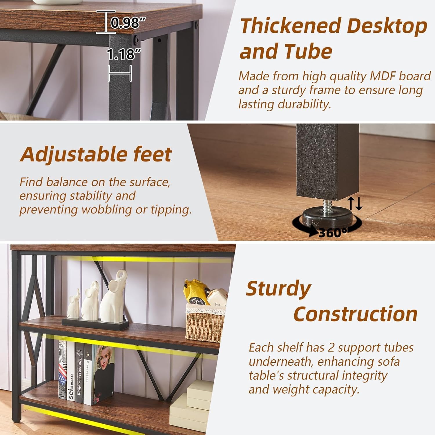 HOMISSUE Sofa Console Table, Rustic Console Table with 3-Tier Storage, Engineered Wood Sofa Tables with Open Shelves, Heavy Duty Entryway Tables for Living Room, Hallway (47 Inch, Rustic Brown)