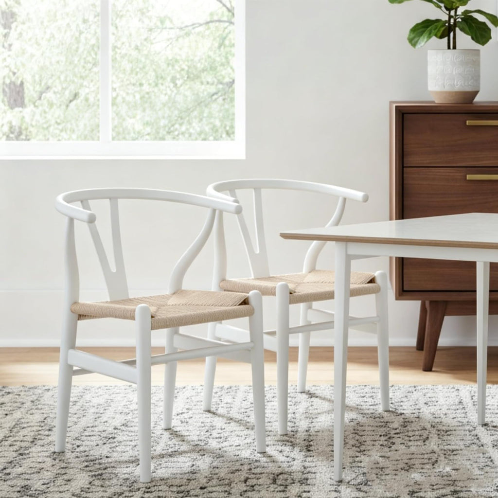 Tomile CH24 Wishbone Chairs Set of 4, Modern White Dining Chair with Arms, Solid Ash Wood Frame with Woven Seat, Hans Wegner Mid-Century Y-Back Design for Kitchen & Dining Room (Ash Wood - White)