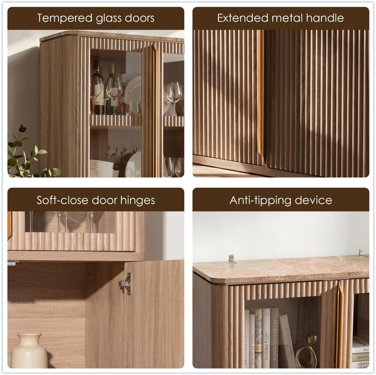 77" Tall Pantry Cabinets with Glass Doors, Fluted Storage Cabinet, Oak 1pc | Wooden Kitchen Food Cupboard, Adjustable Shelves, Modern Display Storage Closet for Living Room, Dining Room, Office