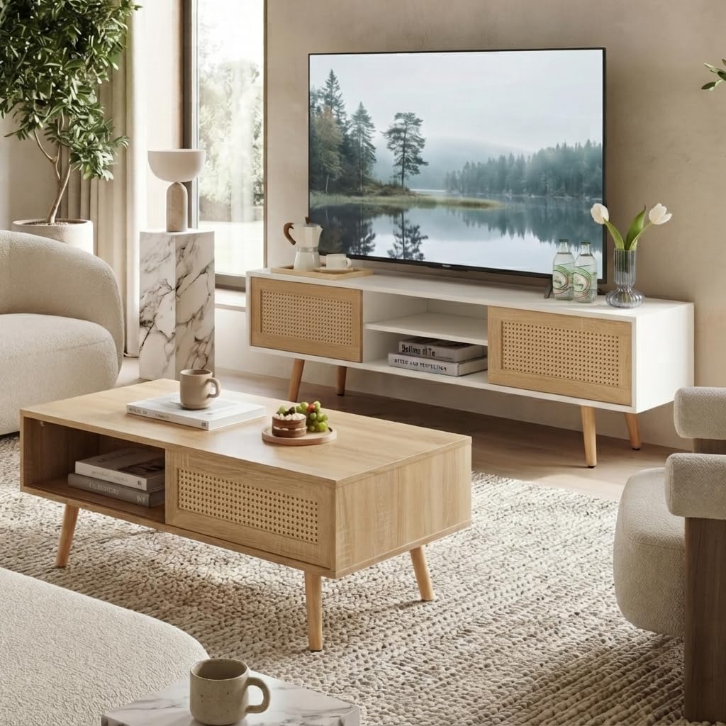 Boho Coffee Table & TV Stand Set of 2, Sliding Door Storage, Natural | Boho Entertainment Center Sturdy Frame, Natural TV Console Coffee Table with Sliding Door, Living Room Storage, Easy Assembly