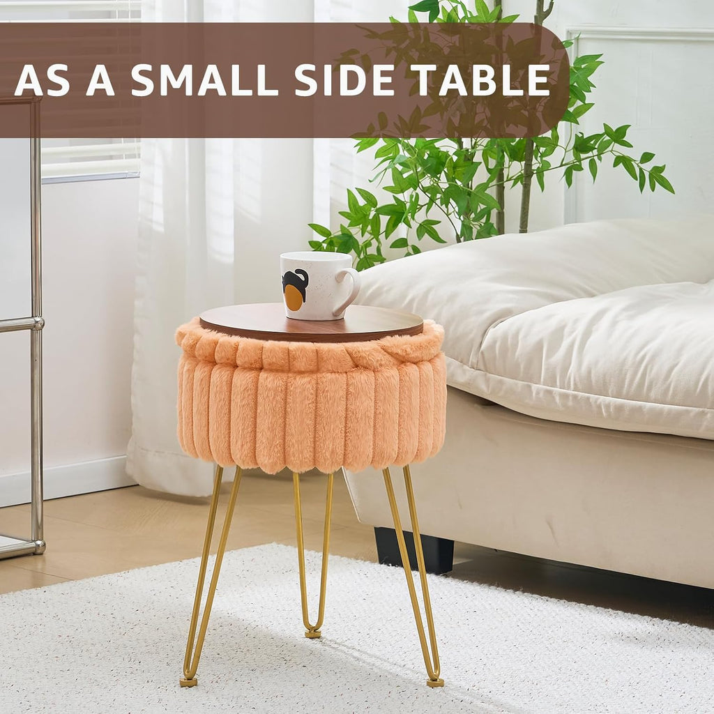 Wimarsbon Vanity Stool with Storage, Faux Fur Ottoman Chair with Metal Legs, Round Makeup Vanity Chair for Bedroom or Dressing Table, Modern Small Ottoman Seat (Orange)