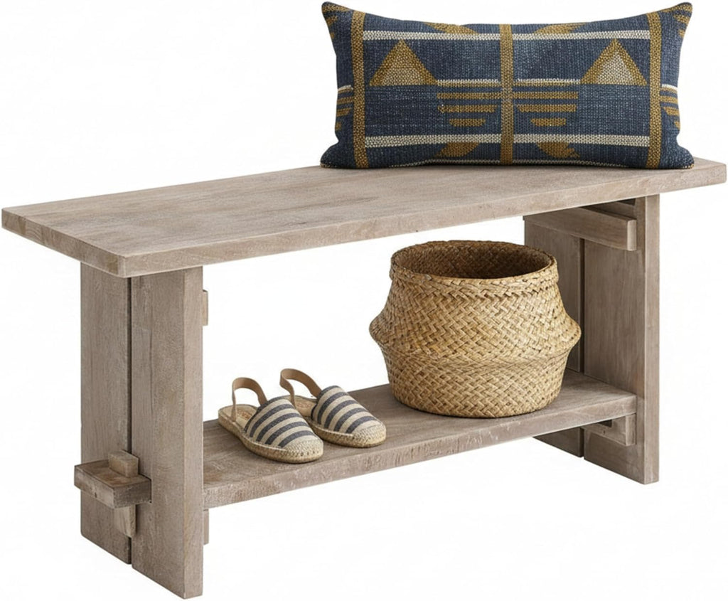 Alaterre Furniture Bethel Entryway Bench with Storage Shelf – Rustic Farmhouse 40-Inch Solid Acacia Wood Seat for Mudroom, Foyer or Hallway (Driftwood Finish)