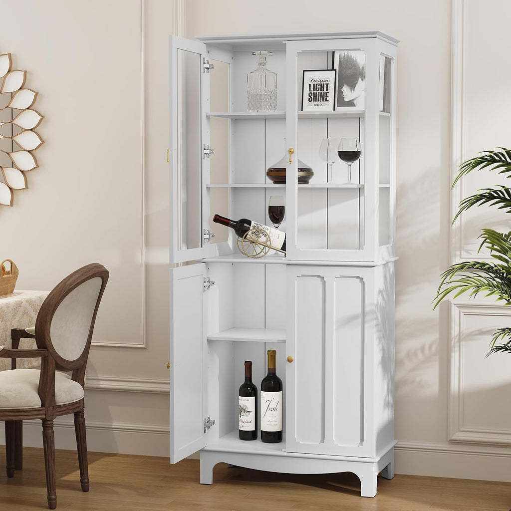 ARTPOWER 72" China Cabinet, Freestanding Kitchen Pantry with Tempered Glass Doors, Tall Sideboard Buffet Hutch with Adjustable Shelves for Dining Room, Living Room, White