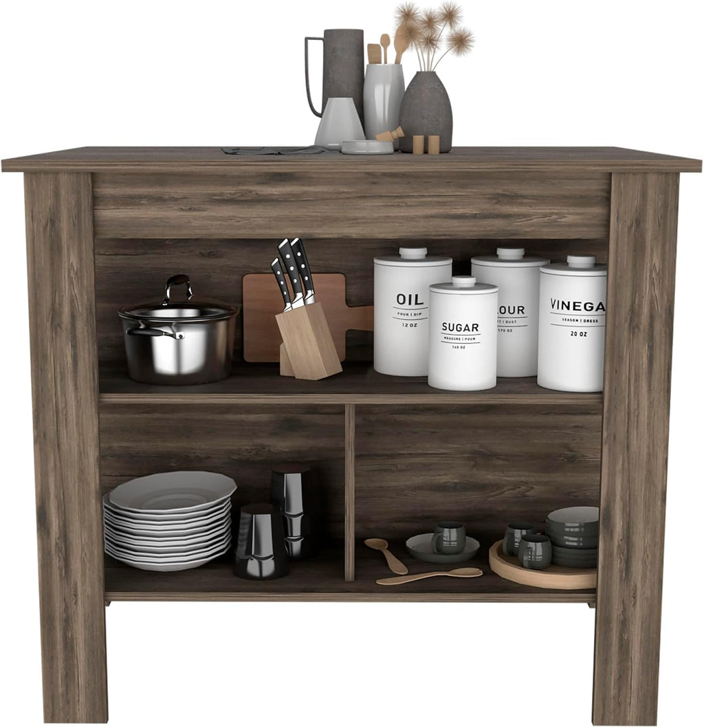 Dark Brown Kitchen Island with Three Shelves and Four Legs | Spacious kitchen island with three storage shelves and wide top surface for meal prep