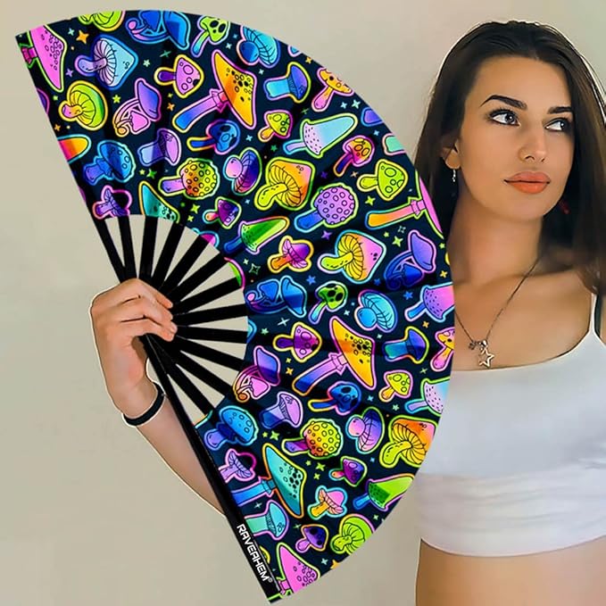 UV Glow Rave Fan, Bamboo Folding Clack Hand Fans Foldable for Men Women, Boots on the Ground Poping Fan for EDM Festival Line Dance Decoration, (Magic Mushrooms, Large 13")