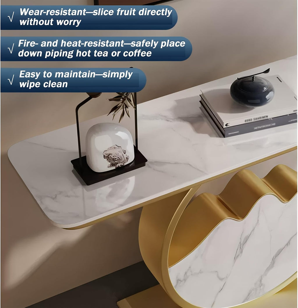 Contemporary Accent Table Modern Console Table | Marble-Like Tabletop and Circular Metal Base, Easy Assemble, for Hallway Foyer Entrance Entryway(Black-C,100x30x80cm)