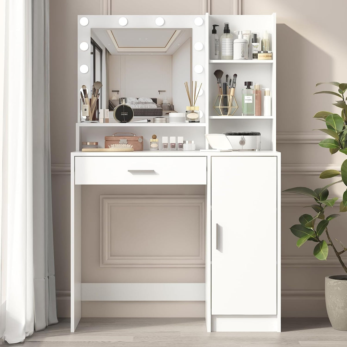 Vanity Desk with Mirror & Light, Three Level Storage Dresser & Large Drawer, 3 Lighting Modes Adjustable Brightness, Bedroom Dressing Table (White)