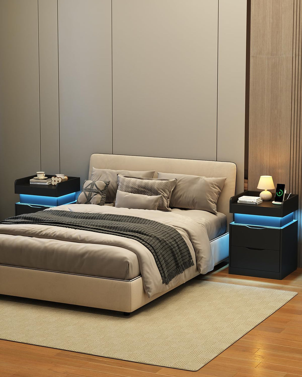 Modern Nightstand with Sliding Top, Night Stand with Charging Station and LED Lights, Bedside Table with 2 Drawers, End Side Table for Bedroom, Living Room, Office, Black