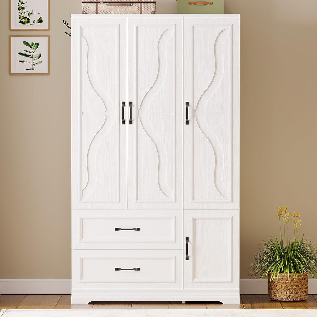 LIKIMIO Armoire Wardrobe Closet with 4 Doors and Drawers, White | Wardrobe Cabinet with Storage Shelves and Side Hooks, Clothing Storage Cabinet for Bedroom