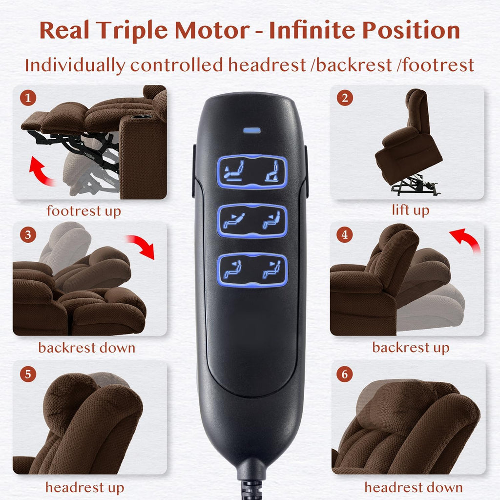 3 Motor Large-Wide Lift Chair, Infinite Position, 180° Lay Flat, Power Lift Chairs Recliners for Elderly Big and Tall, Massage & Heat, Extended Footrest (Deep Brown, Large Wide)