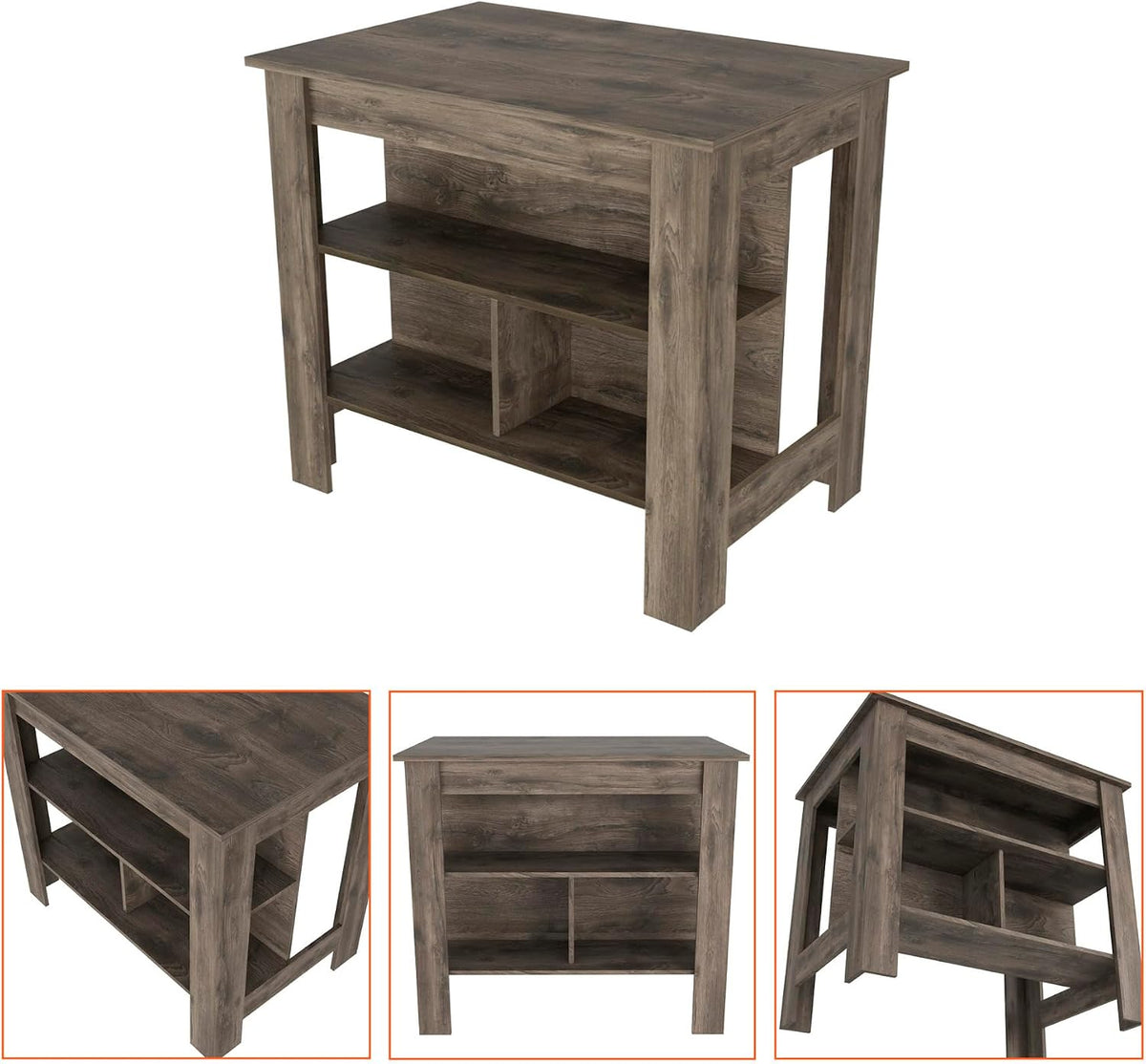 Kitchen Island with Three Shelves Dark Brown Finish | Three storage shelves with dimensions for kitchen organization
